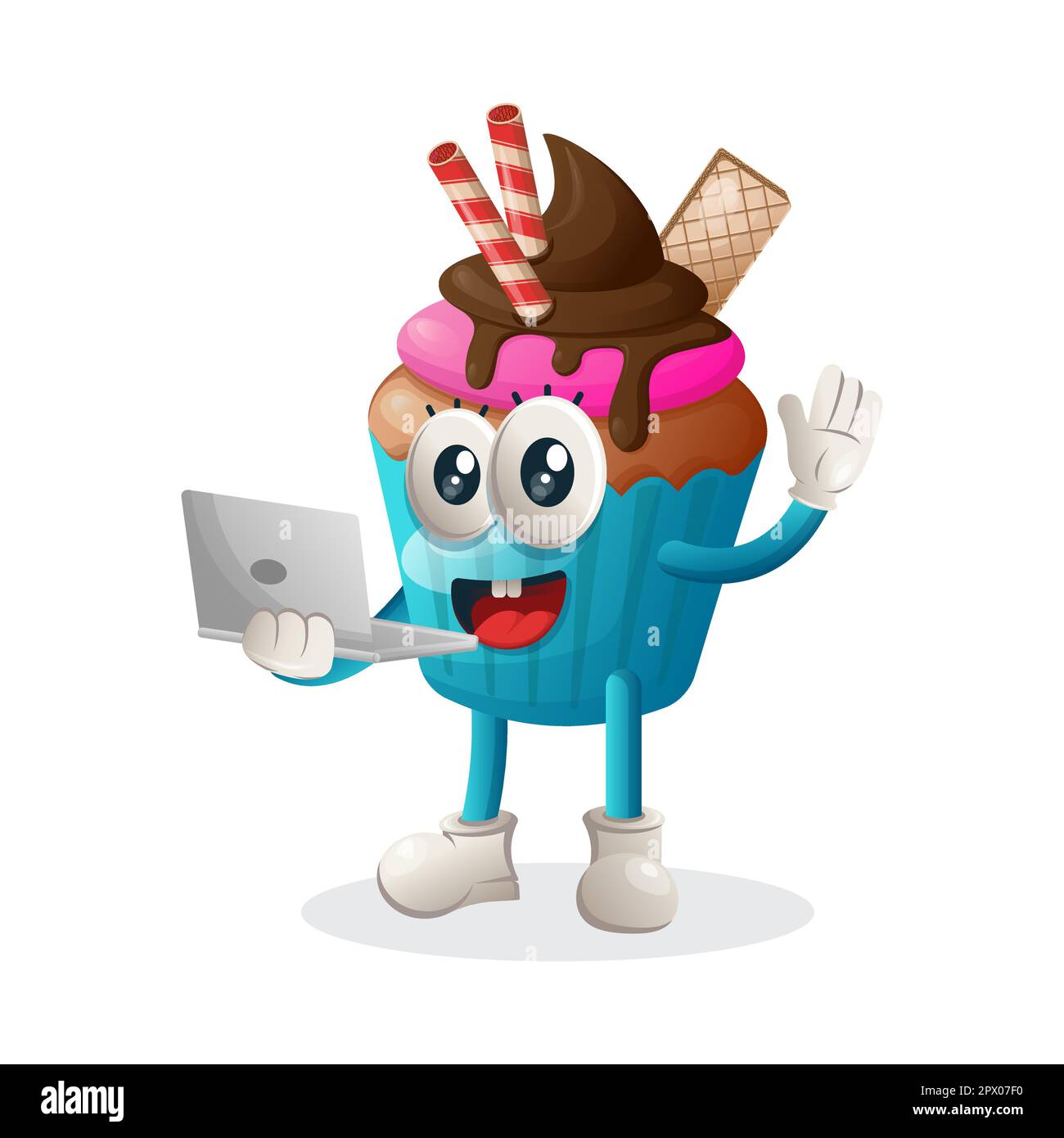 Süßes Cupcake-Maskottchen, das mit einem Laptop arbeitet. Perfekt für Lebensmittelgeschäfte, kleine Unternehmen oder E-Commerce, Merchandise und Aufkleber, Werbebanner, Food Revi Stock Vektor