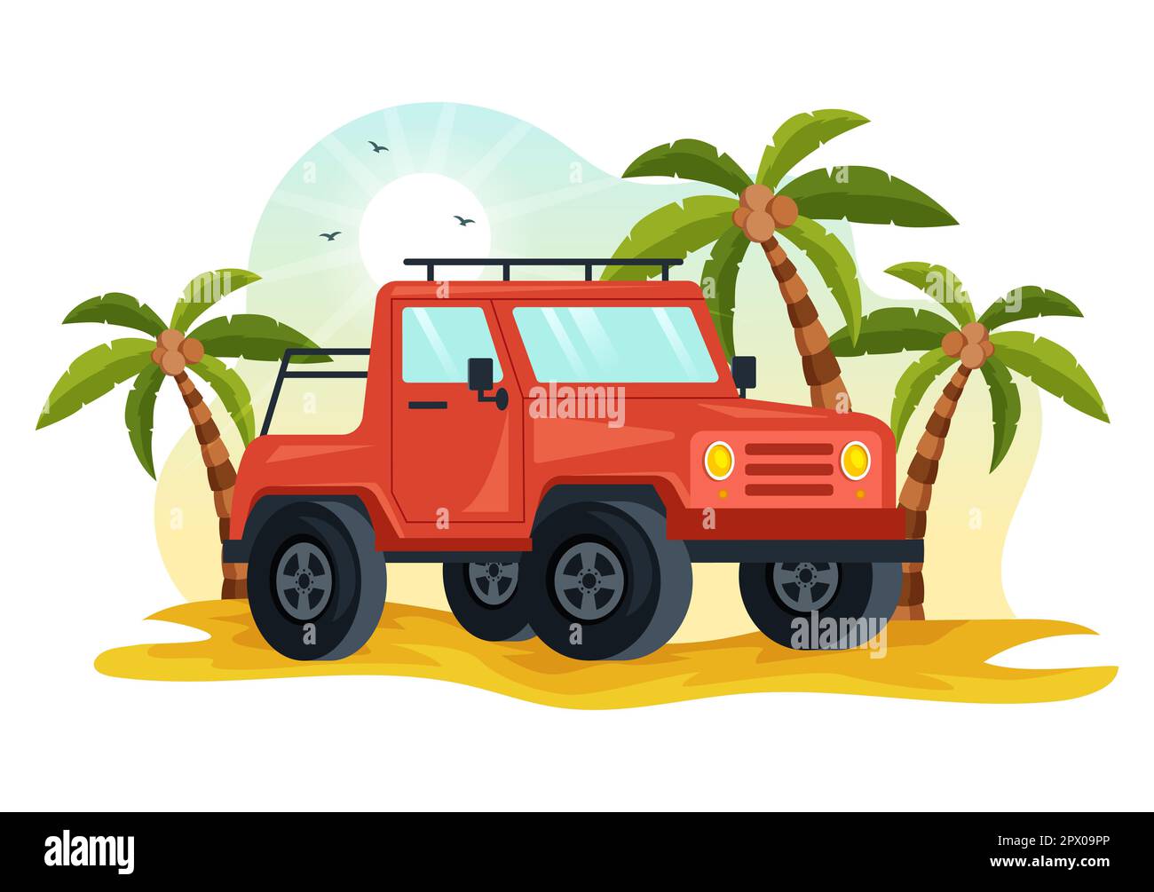 Off-Road-Illustration mit einem Jeep oder SUV, um in flachen, von Hand gezeichneten Cartoon-Vorlagen durch felsiges Gelände, Flüsse und Sand zu fahren Stockfoto