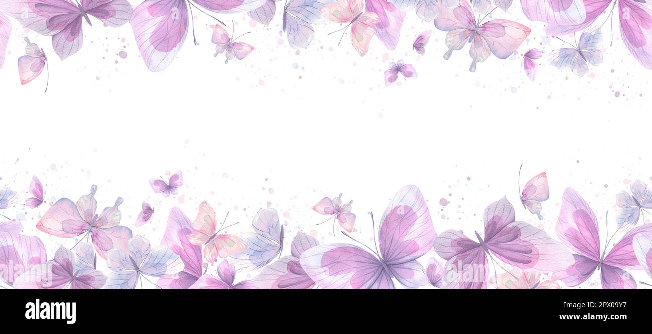 Rosa, lila und blaue Schmetterlinge, sanft, luftig, fliegend. Aquarelldarstellung. Nahtloser Rahmen auf weißem Hintergrund. Zur Dekoration und Gestaltung von Stockfoto