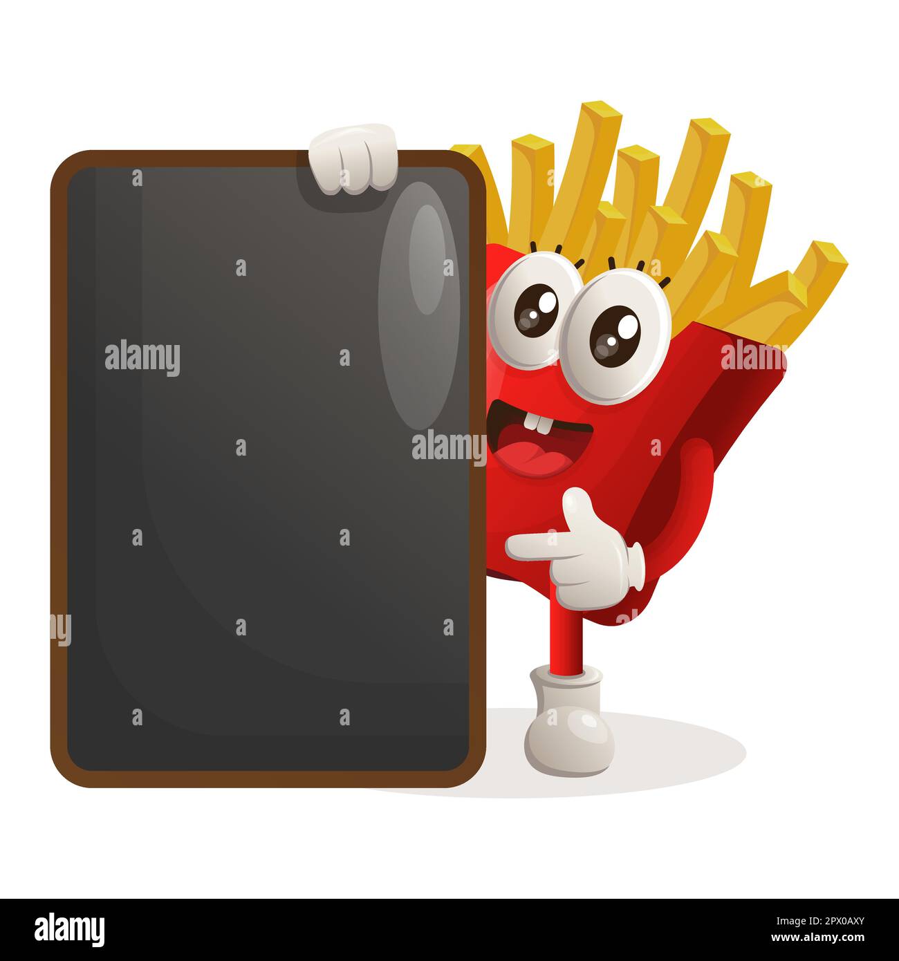 Süße pommes-frites-Maskottchen-Speisekarte, schwarzes Brett, Menütafel, Schildertafel. Perfekt für Lebensmittelgeschäfte, kleine Unternehmen oder E-Commerce, Merchandise und Peitsche Stock Vektor