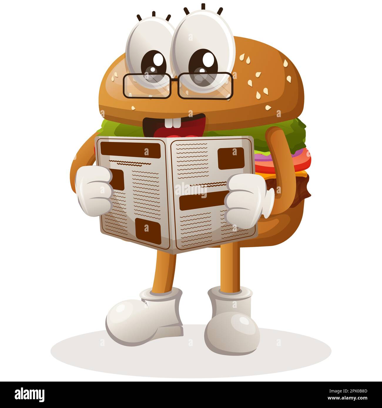 Süßes Burger-Maskottchen-Design Lesen Sie Zeitungen. Burger-Cartoon-Maskottchen-Design. Köstliches Essen mit Käse, Gemüse und Fleisch. Süßer Maskottchen-Vektor Stock Vektor