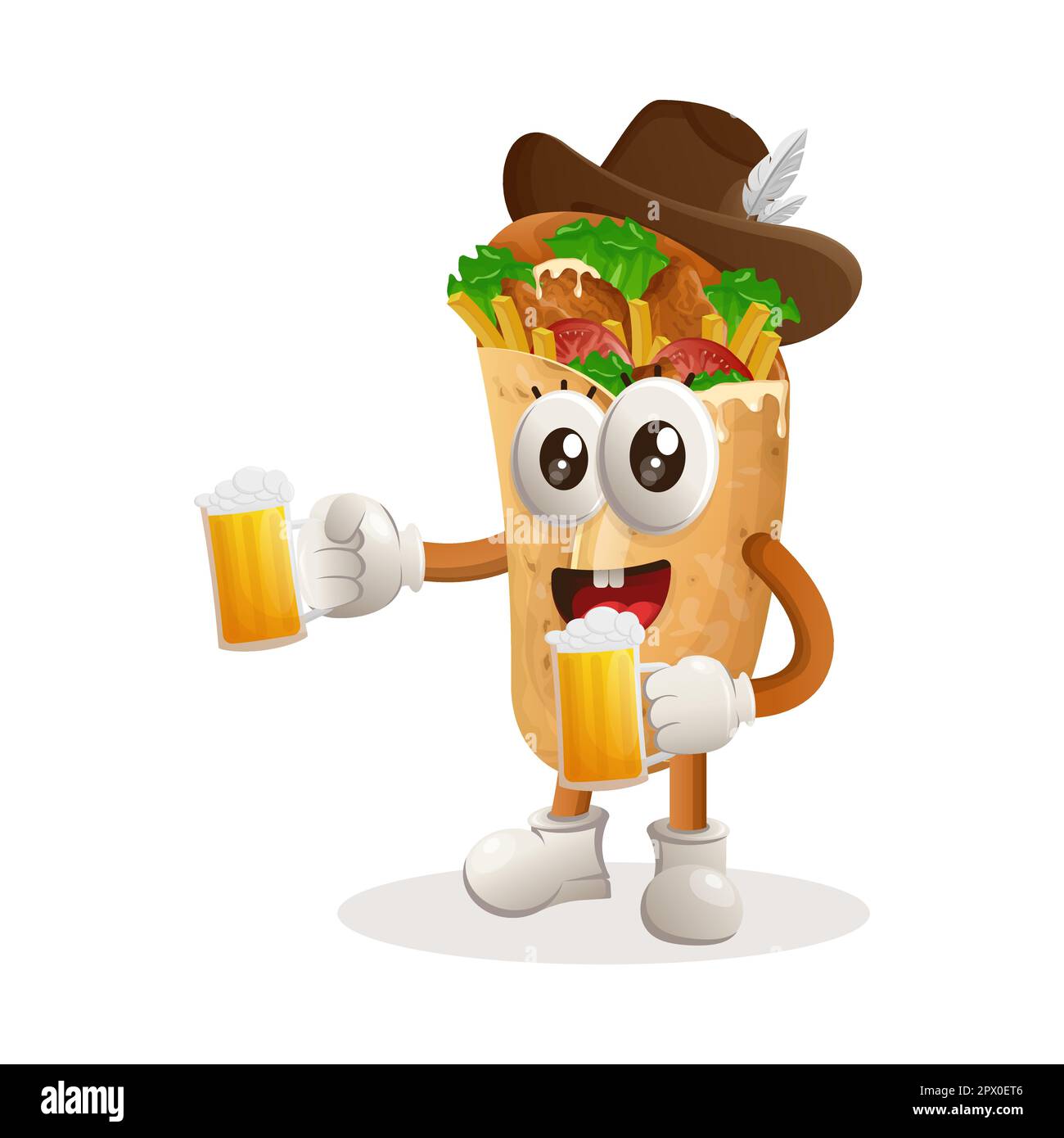 Das niedliche Burrito-Maskottchen feiert das oktoberfest mit Bier in der Hand. Perfekt für Lebensmittelgeschäfte, kleine Unternehmen oder E-Commerce, Merchandise und Aufkleber, Banner Pro Stock Vektor