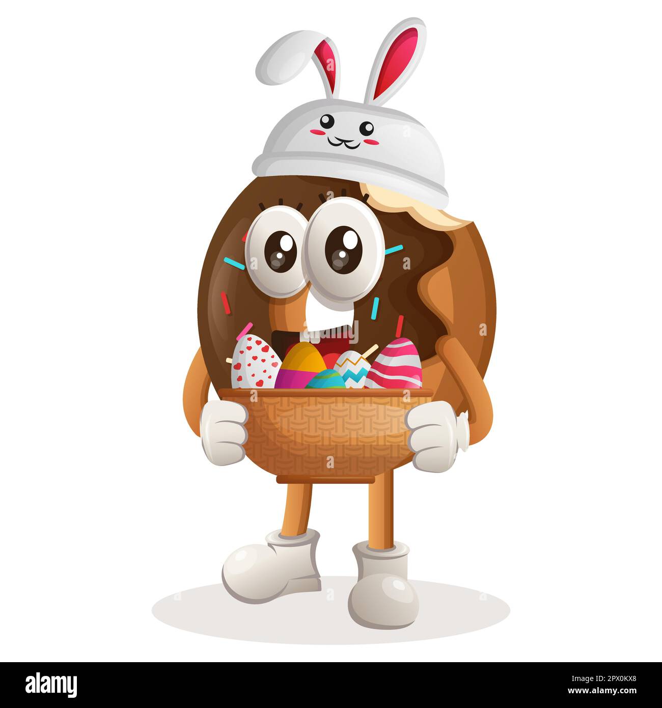 Süßes Donut-Maskottchen mit Hasenmütze und osterei im Korb. Perfekt für Lebensmittelgeschäfte, kleine Unternehmen oder E-Commerce, Merchandise und Peitsche Stock Vektor