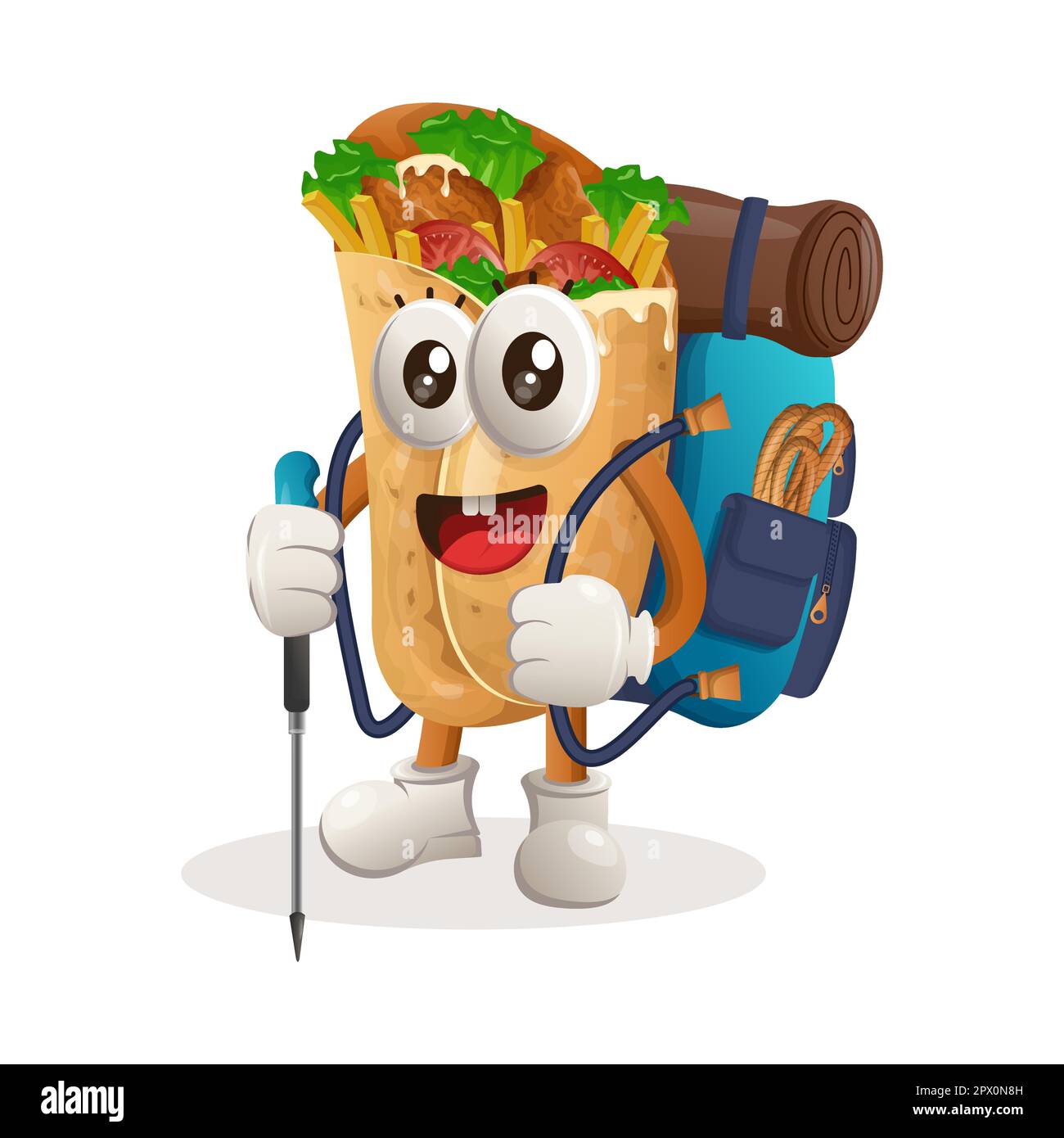 Süßes Burrito Maskottchen Abenteuer Trekking. Perfekt für Lebensmittelgeschäfte, kleine Unternehmen oder E-Commerce, Merchandise und Aufkleber, Werbebanner, Lebensmittelbewertung b Stock Vektor