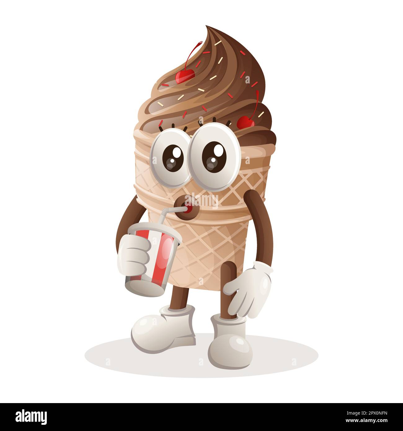 Süßes Eiscreme-Maskottchen, das Limonade trinkt, Cola. Perfekt für Lebensmittelgeschäfte, kleine Unternehmen oder E-Commerce, Merchandise und Aufkleber, Werbebanner, Food Revie Stock Vektor