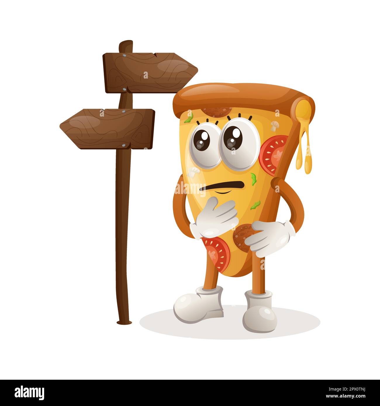 Süßes Pizza-Maskottchen, das Entscheidungen trifft. Perfekt für Lebensmittelgeschäfte, kleine Unternehmen oder E-Commerce, Merchandise und Aufkleber, Werbebanner, Blog zur Lebensmittelbewertung o Stock Vektor