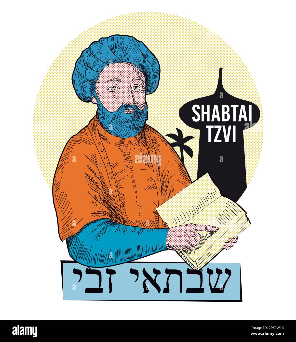 Illustration eines falschen messias aus der Geschichte des hebräischen Volkes. Jüdischer Prophet des Mittelalters. Hebräisches Alphabet. Stock Vektor