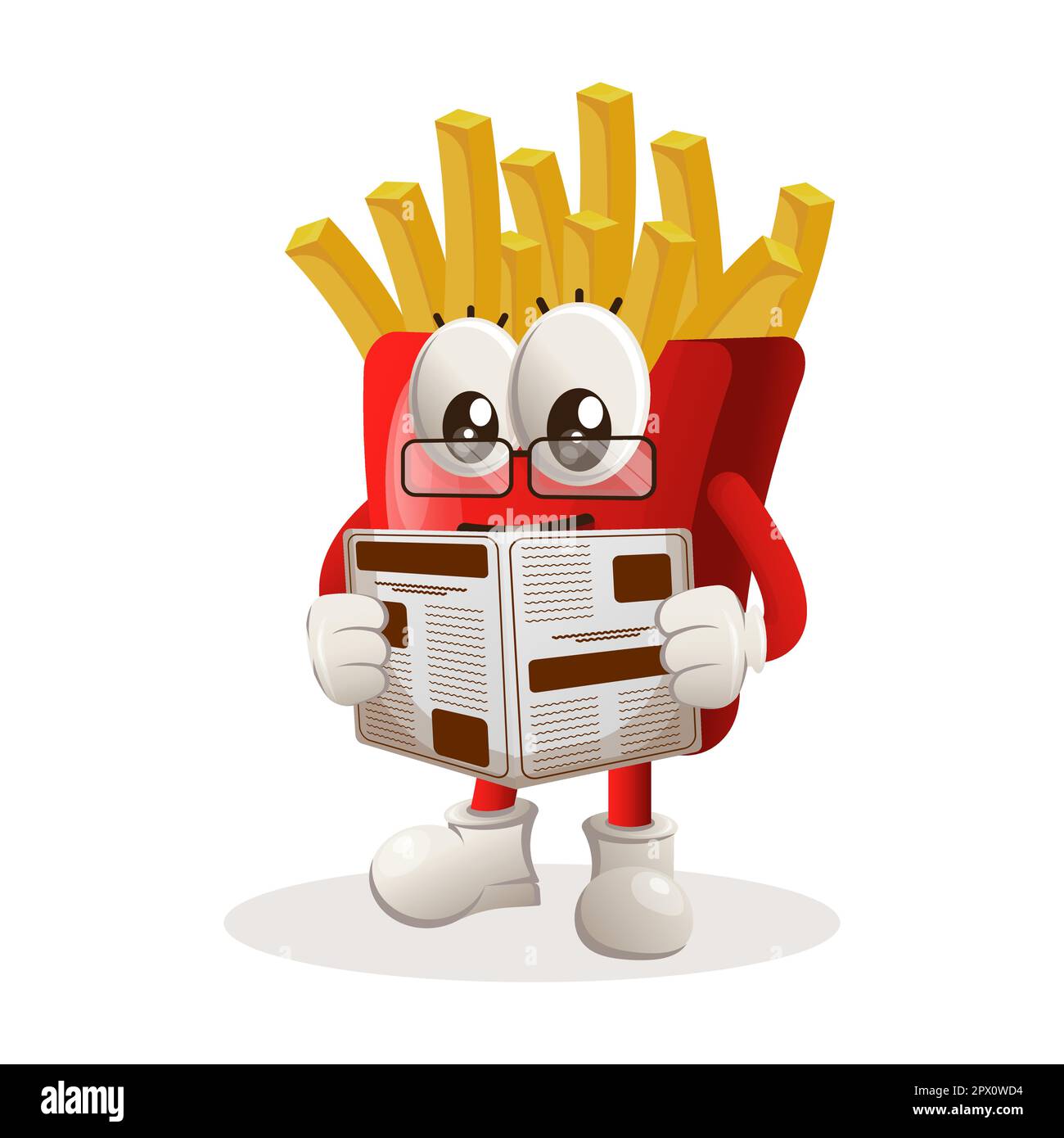 Süße pommes frites, Maskottchen, liest Zeitungen. Perfekt für Lebensmittelgeschäfte, kleine Unternehmen oder E-Commerce, Merchandise und Aufkleber, Werbebanner, Lebensmittelbewertung Stock Vektor