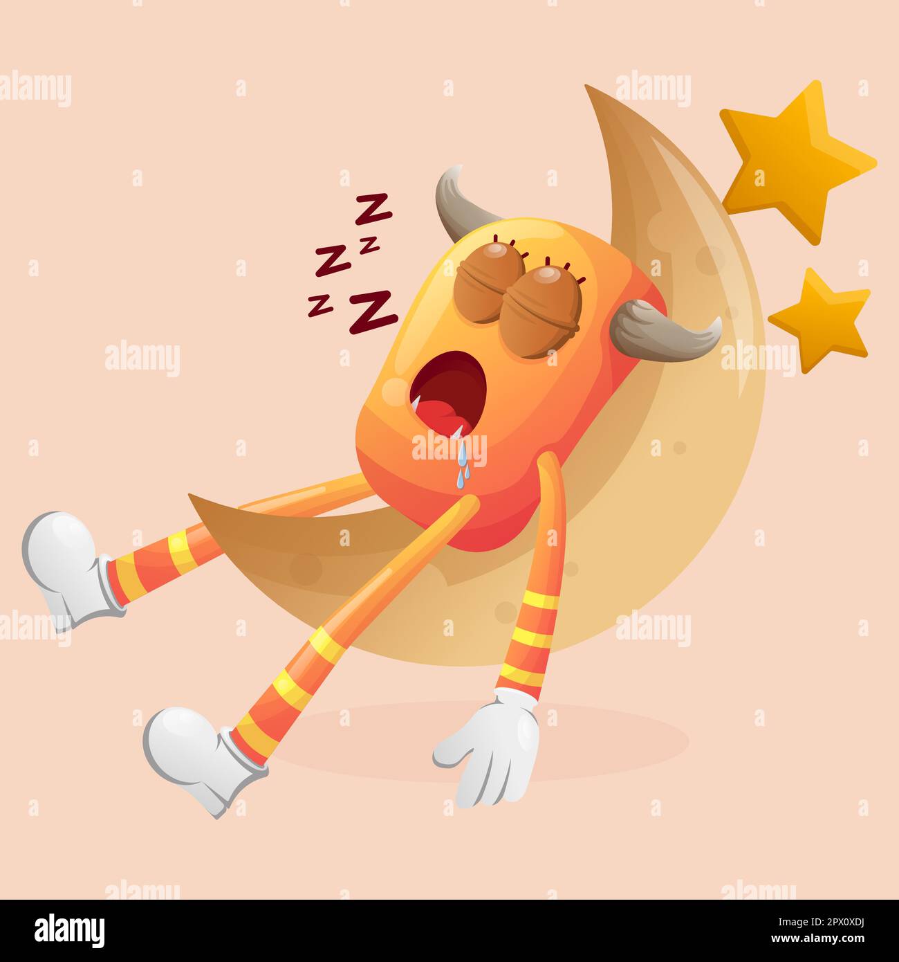 Süßes orangefarbenes Monster schläft auf dem Mond. Perfekt für Kinder, kleine Unternehmen oder E-Commerce, Merchandise und Aufkleber, Werbebanner, Blog oder Stock Vektor