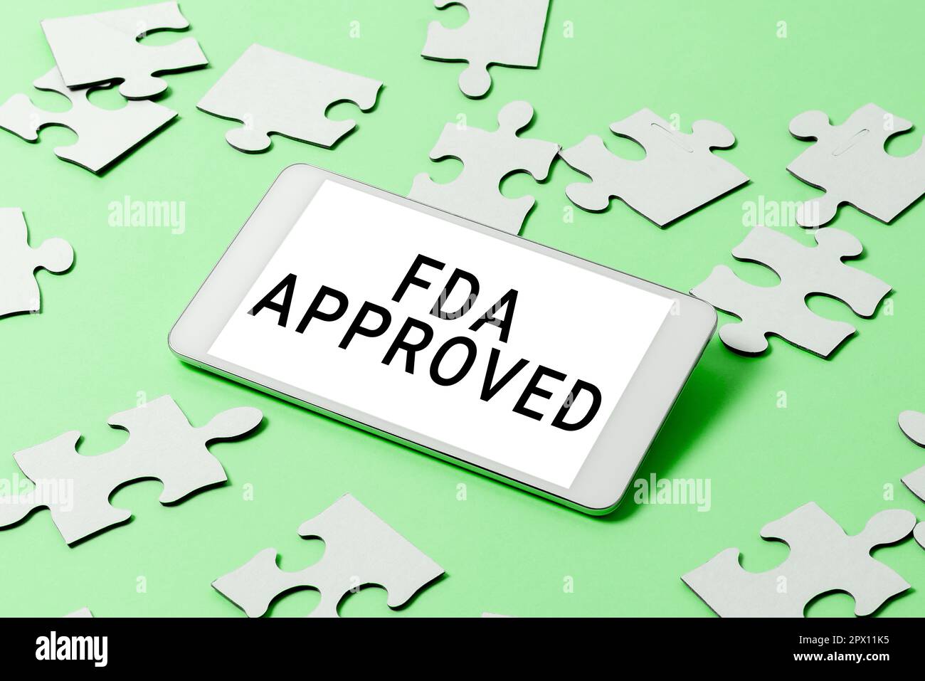 Textunterschrift mit FDA-Zulassung, Wort auf FDA-Zulassung bestätigt, dass das Produkt oder die Formel sicher und/oder wirksam ist Stockfoto