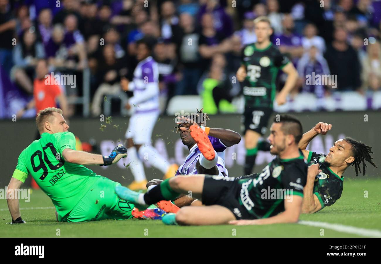 Budapest, Ungarn. 01. Mai 2023. Ujpest FC gegen Ferencvarosi TC - Ungarische OTP Bank Liga 1. Mai 2023 in Budapest, Ungarn, Szusza Ferenc Stadium, Kredit: Gabriella Barbara/Alamy Live News Stockfoto