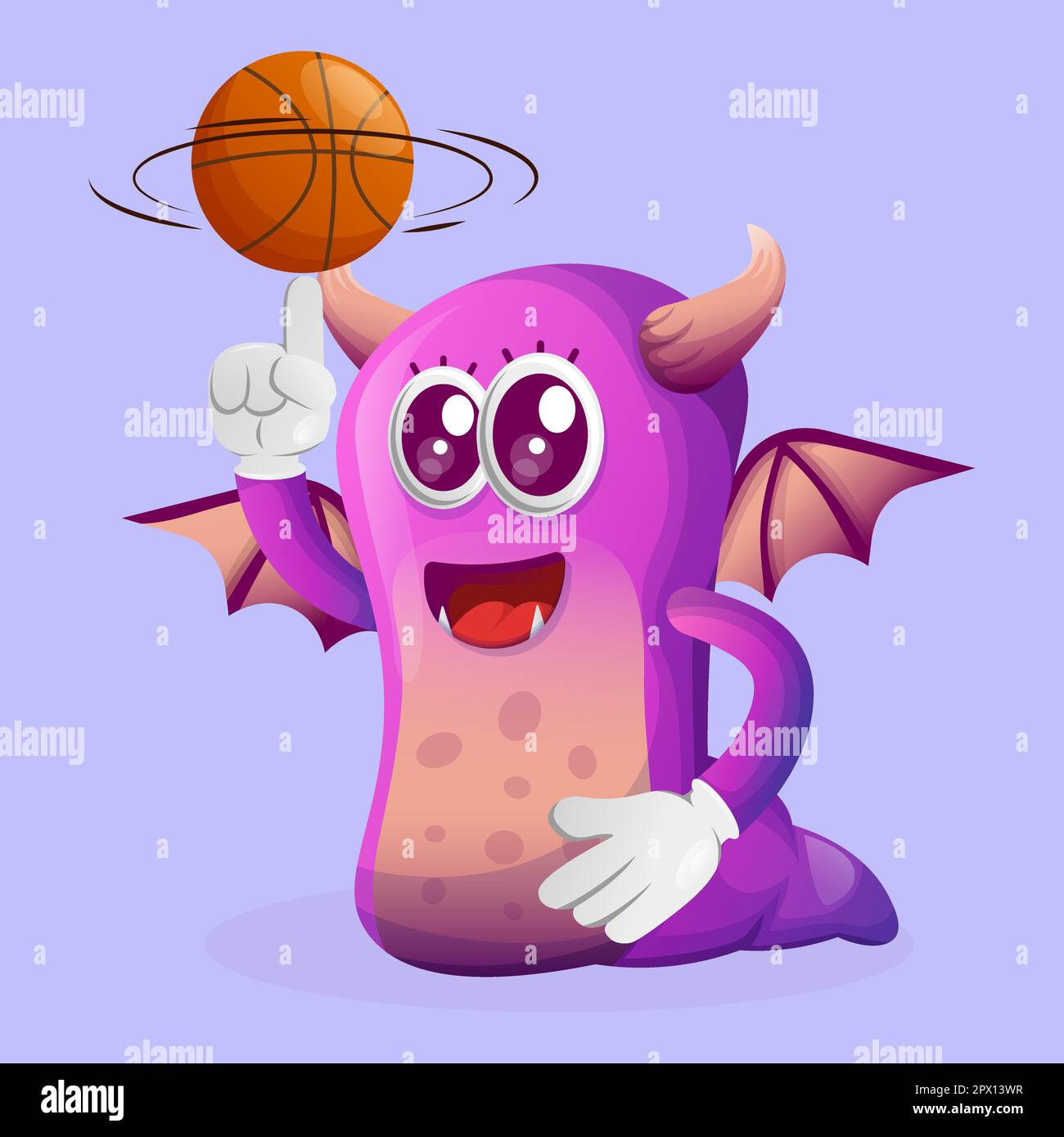 Süßes lila Monster, das Basketball spielt, Freestyle mit Ball. Perfekt für Kinder, kleine Unternehmen oder E-Commerce, Merchandise und Aufkleber, Werbebanner Stock Vektor