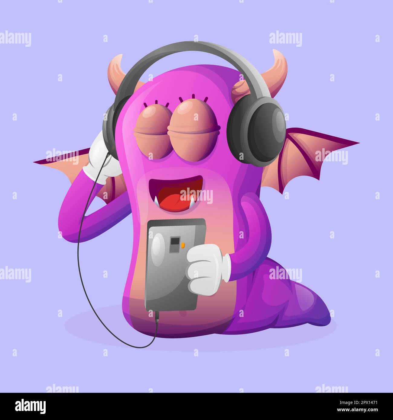 Süßes lila Monster, das Musik über ein Smartphone mit einem Kopfhörer hört. Perfekt für Kinder, kleine Unternehmen oder E-Commerce, Merchandise und Aufkleber, Banner Stock Vektor