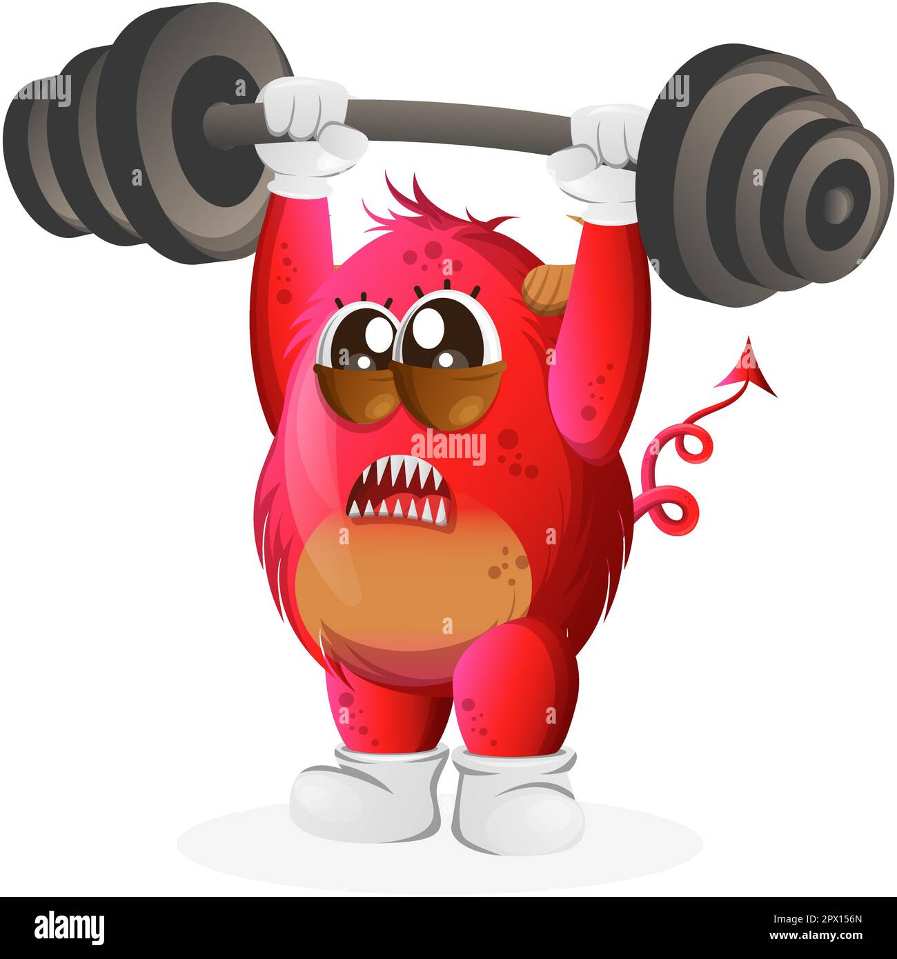 Süßes, rotes Monster, Bodybuilding, mit der Hakenglocke, die Muskeln biegt. Perfekt für Kinder, kleine Unternehmen oder E-Commerce, Merchandise und Aufkleber, Werbebanner, Stock Vektor
