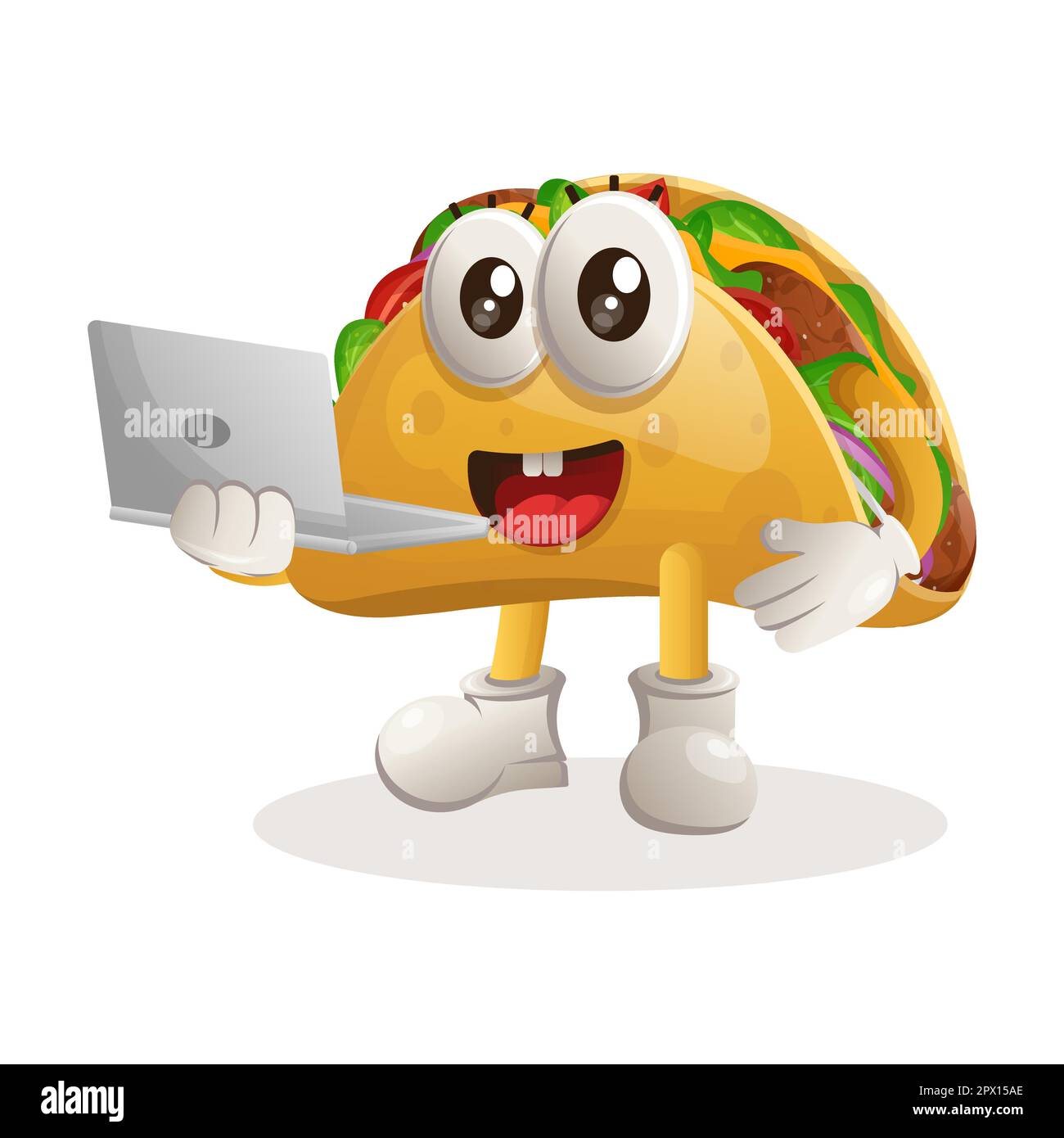 Süßes Taco-Maskottchen, das mit einem Laptop arbeitet. Perfekt für Lebensmittelgeschäfte, kleine Unternehmen oder E-Commerce, Merchandise und Aufkleber, Werbebanner, Lebensmittelbewertung Stock Vektor