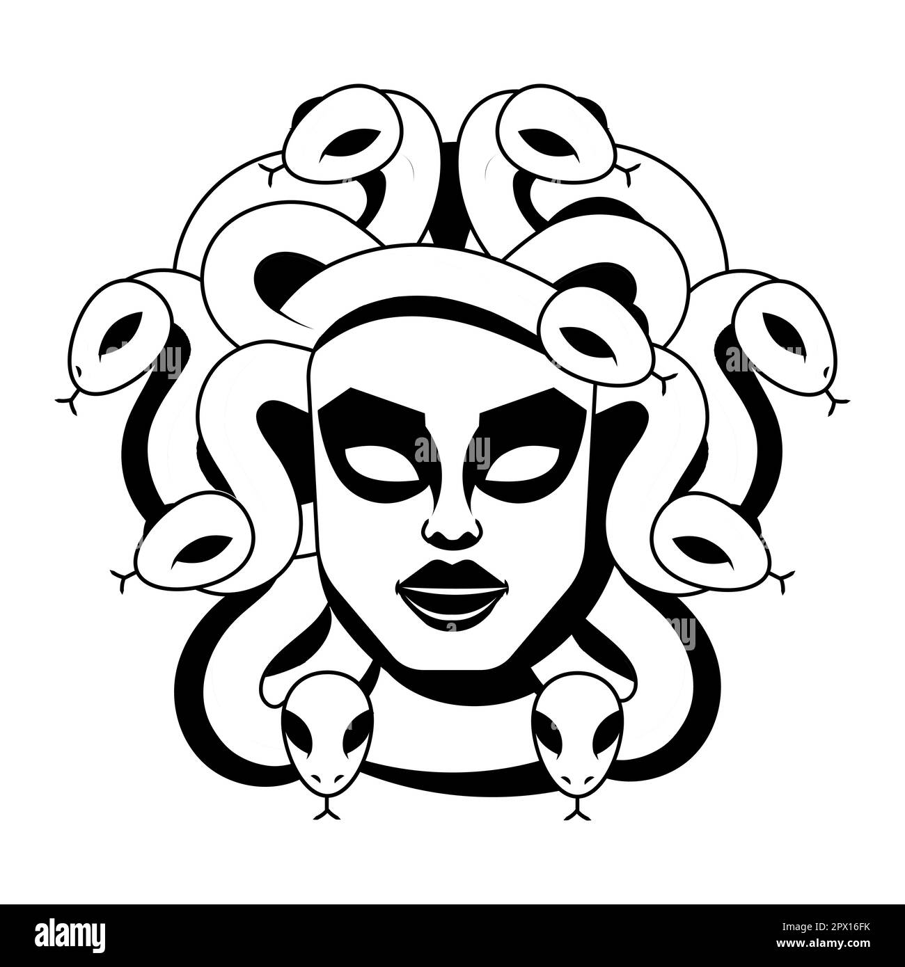 Vector Schwarzweiß Medusa Gorgon Woman Head mit Schlangen Illustration Stock Vektor