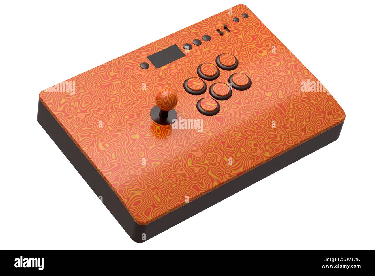 Klassischer Arcade-Stick mit Joystick und Tasten in Turnierqualität mit nahtlosem Wellenmuster auf weißem Hintergrund. 3D-Rendering von Spielautomaten, Streaming Stockfoto