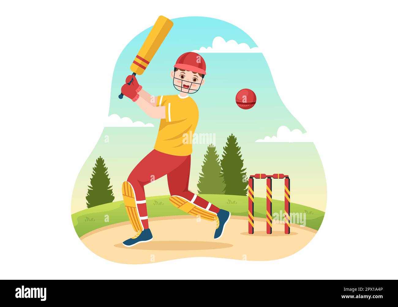 Der Schlagmann spielt Cricket Sport Illustration mit bat und Bällen auf dem Feld für die Meisterschaft in Flat Cartoon Hand Drawn Templates Stockfoto