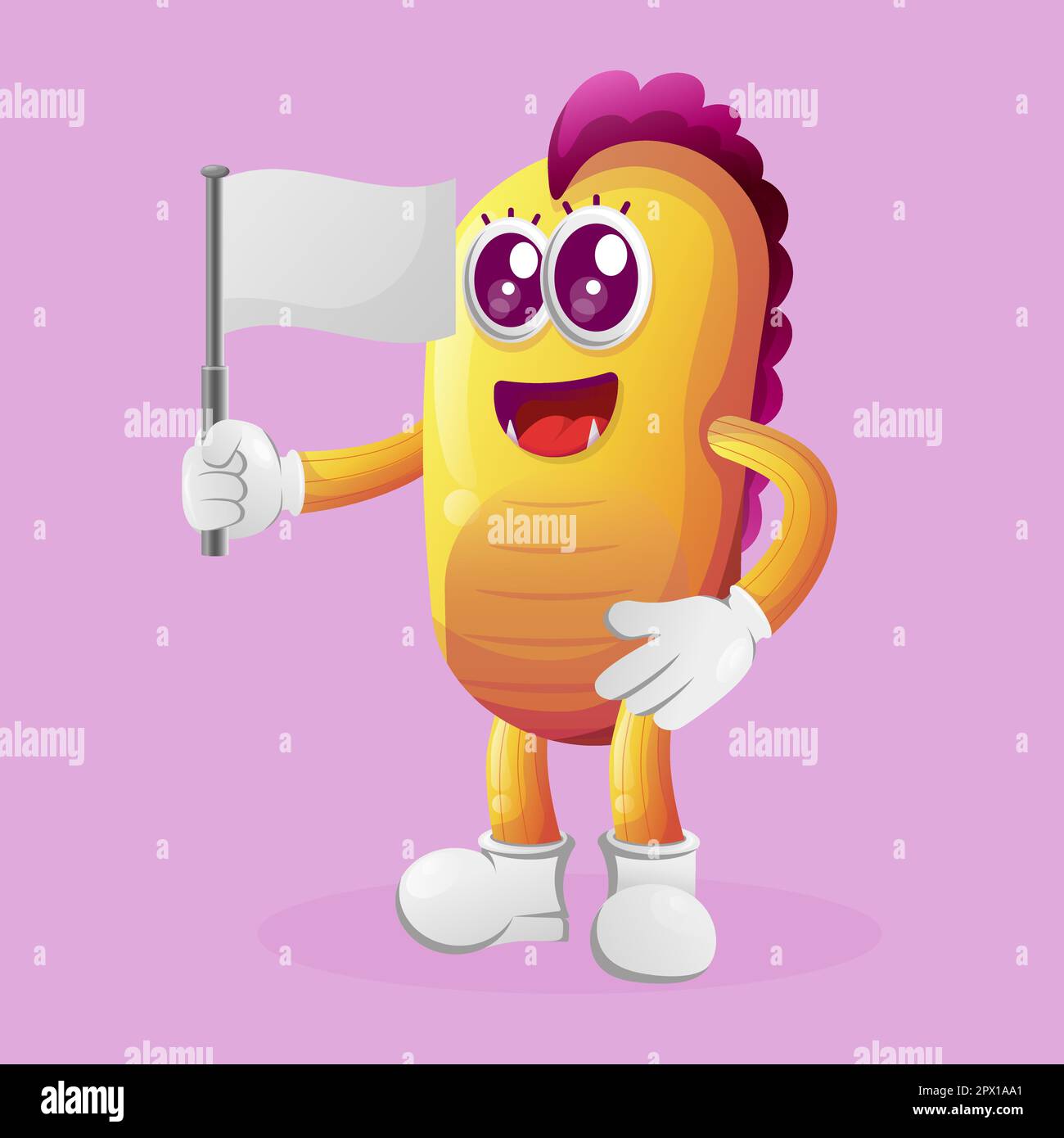 Süßes gelbes Monster, das weiße leere Flagge schwenkt. Perfekt für Kinder, kleine Unternehmen oder E-Commerce, Merchandise und Aufkleber, Werbebanner, Blog oder Vlog c Stock Vektor