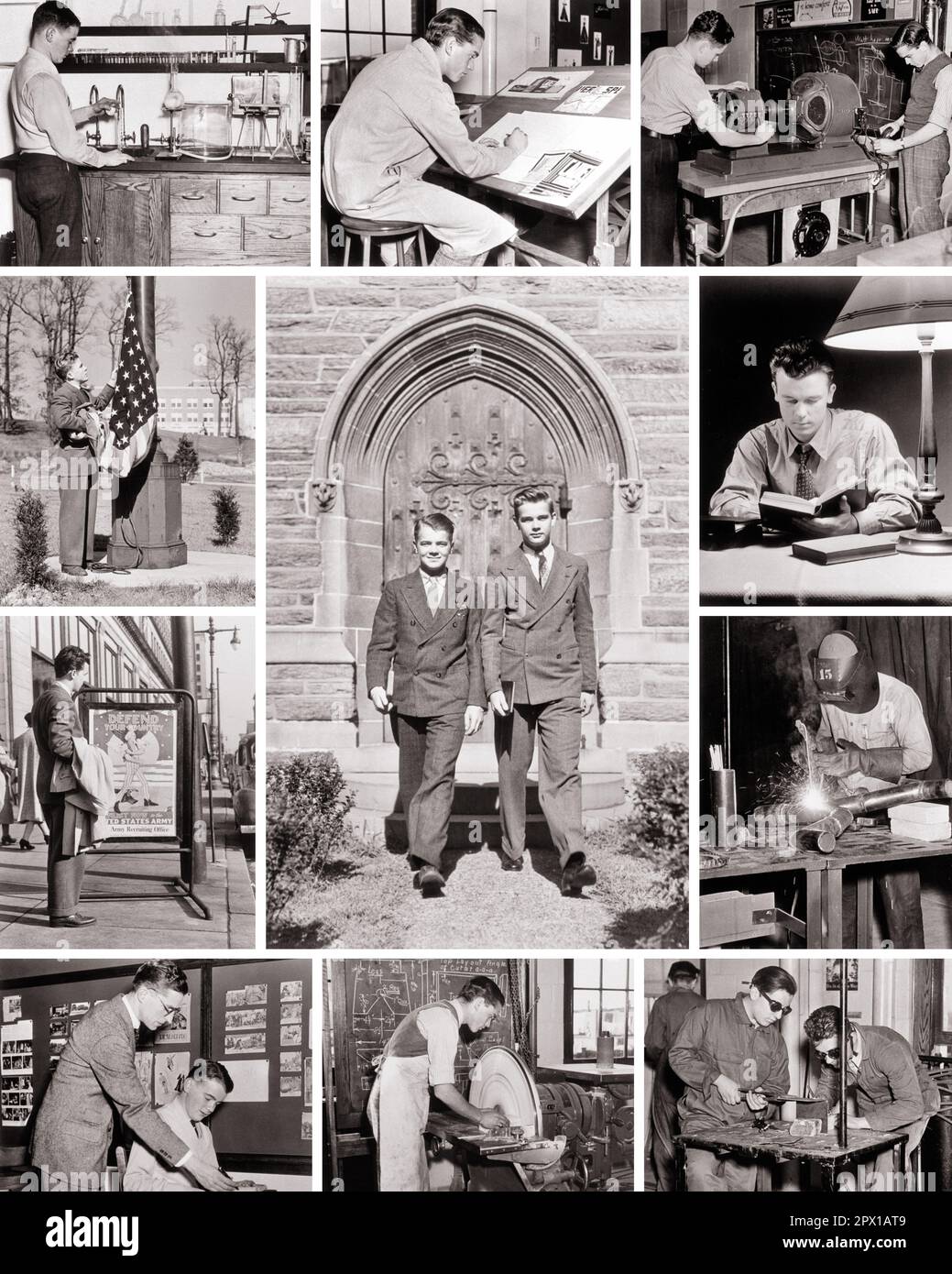 1930S MONTAGE JUNGER AMERIKANISCHER MÄNNER IN TECHNISCHER UND BERUFLICHER AUSBILDUNG - M2707 HAR001 HARS- UND OBERSCHULBERUFE PATRIOT SCHWEISSEN HIGHSCHOOL HÖHERE BILDUNG PATRIOTISCHE STARS UND STREIFEN COLLEGES KEINE FRAUEN ALTER RUHM TAUSCHEN ALLE MÄNNER MASCHINENWERKSTATT BERUFSPATRIOTISMUS ROT WEISS UND BLAU TECHNISCH BERUFLICH SCHWARZ UND WEISS WEISS WEISS WEISS WEISS WEISS WEISS WEISS WEISS WEISS HAR001 LABORS ALTMODISCH Stockfoto