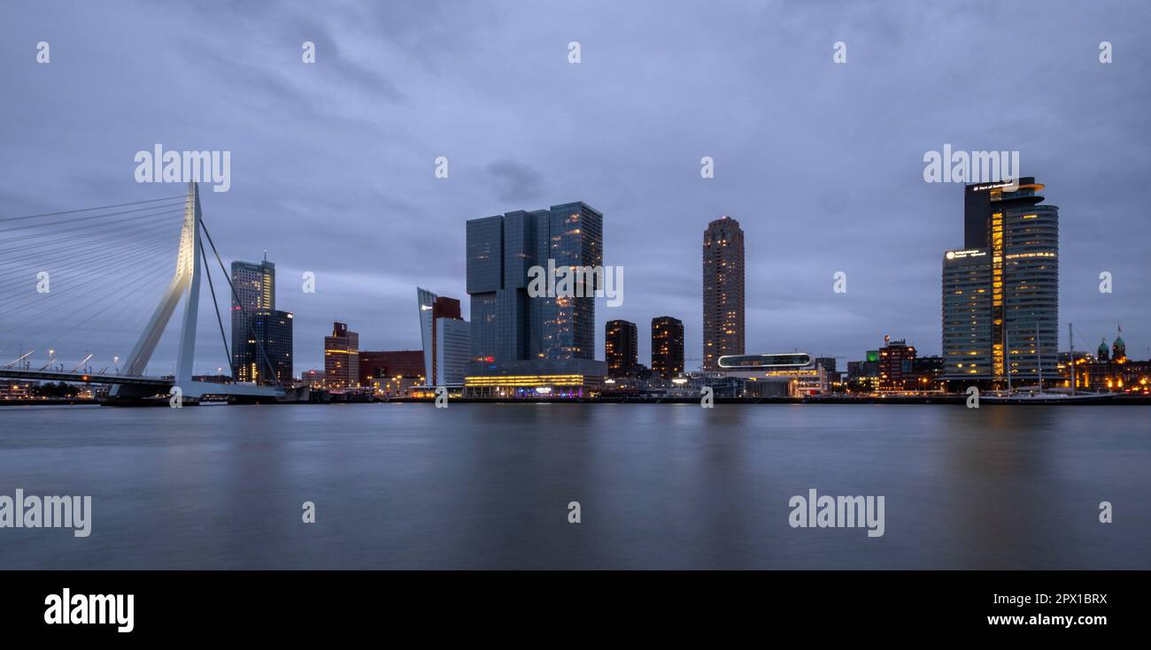Panoramablick auf den Hafen von Rotterdam mit der Erasmus-Brücke und den hohen Gebäuden, die ihn umgeben, in der Dämmerung Stockfoto