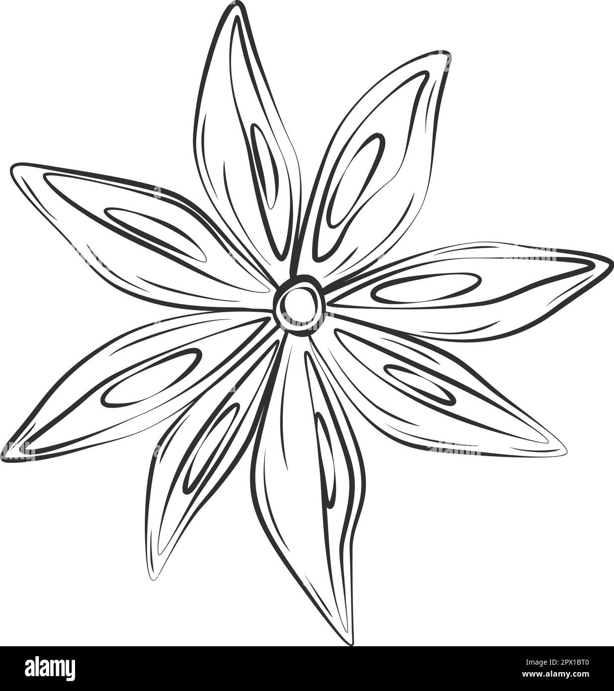 Konturzeichnung eines Anissterns. Würzige Gewürze für Kaffee oder Glühwein. Aufkleber. Symbol. Isolieren. Design für Umschläge, Buchstaben, Poster oder Banner, Broschüren, Karten, Preisschild oder Etikett, Web. Vektor. EPS Stock Vektor