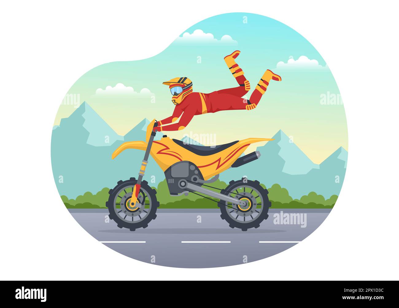 Motocross Illustration mit einem Fahrer, der mit dem Fahrrad durch Schlamm, felsige Straßen und Abenteuer fährt, in Extreme Sport Flat Cartoon Hand Drawn Template Stockfoto