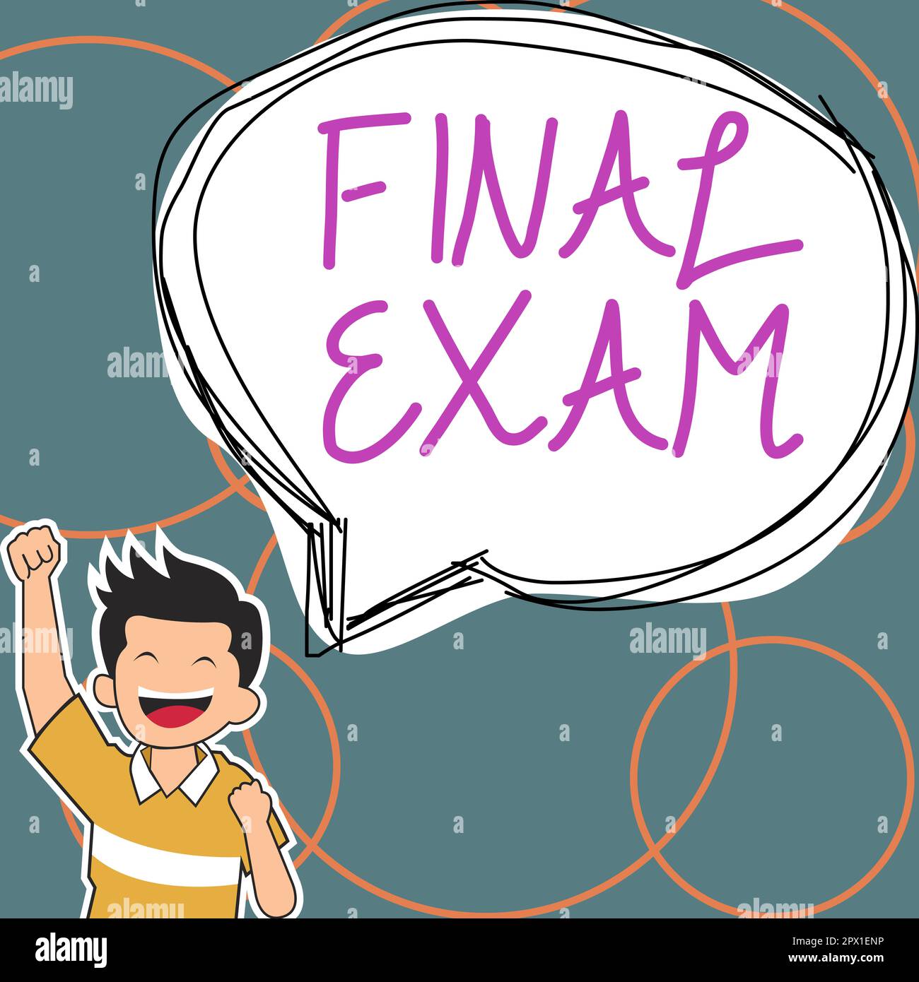 Schreiben des Textes Abschlussprüfung, Business-Überblick-Test, der dem Schüler am Ende eines Studien- oder Schulungskurses gegeben wird Stockfoto