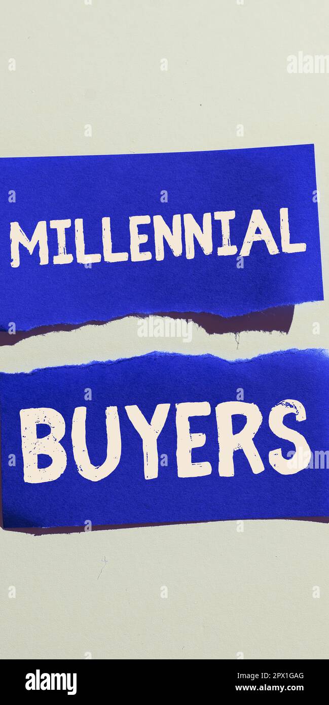 Konzeptionelle Überschrift Millennial Buyers, Word geschrieben über die Art der Verbraucher, die an Trendprodukten interessiert sind Stockfoto
