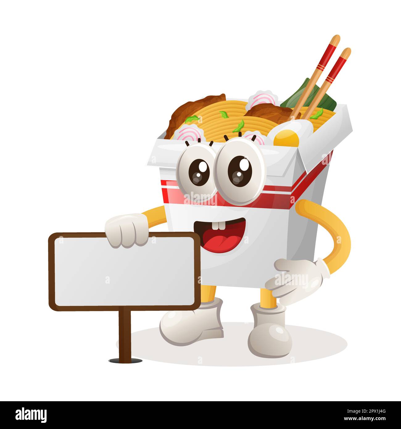 Süßes Ramen-Maskottchen, das neben einer Plakatwand steht. Perfekt für Lebensmittelgeschäfte, kleine Unternehmen oder E-Commerce, Merchandise und Aufkleber, Werbebanner, Lebensmittel Stock Vektor