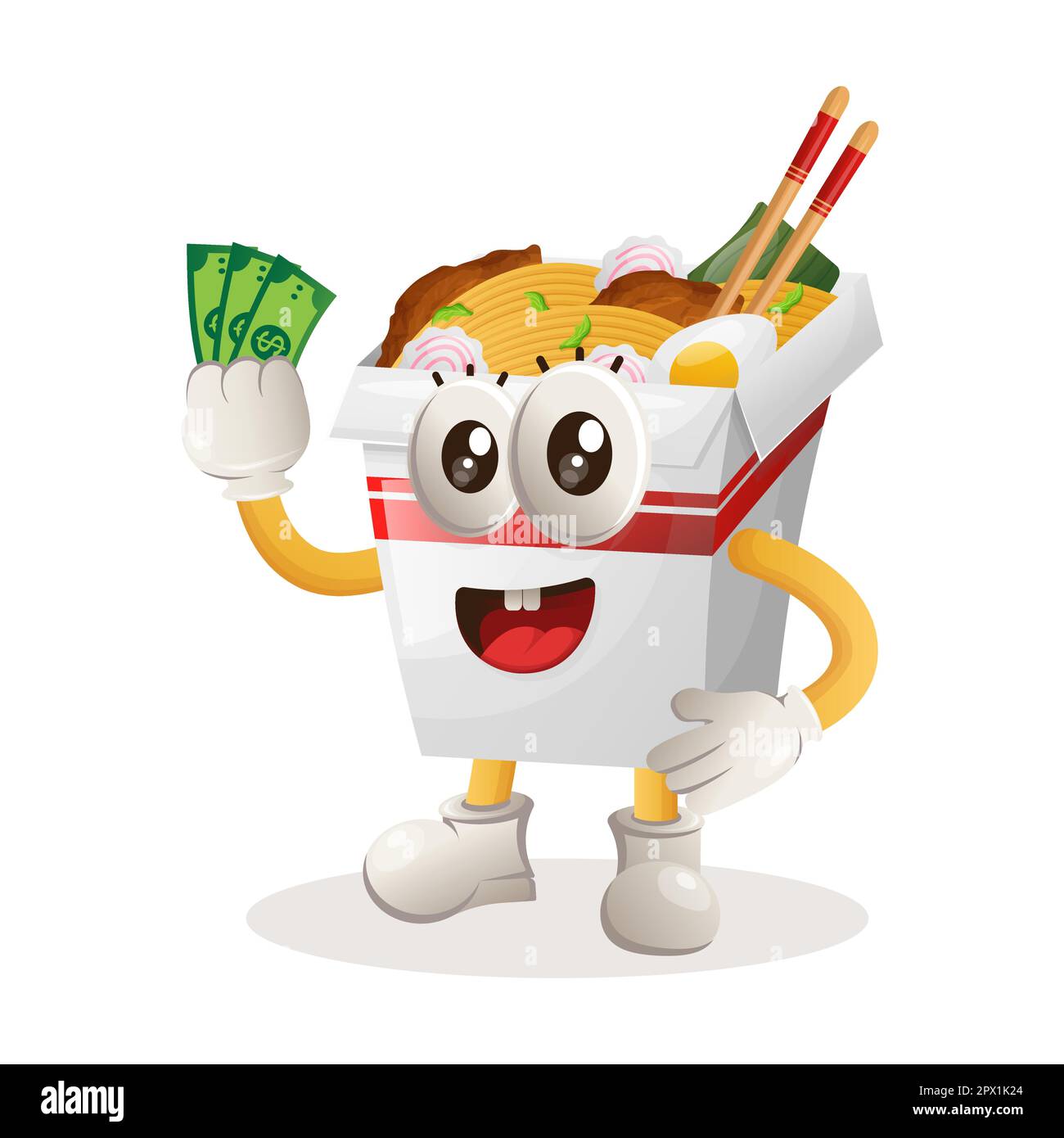 Süßes Ramen-Maskottchen mit Geld. Perfekt für Lebensmittelgeschäfte, kleine Unternehmen oder E-Commerce, Merchandise und Aufkleber, Bannerwerbung, Blog zur Lebensmittelbewertung oder Stock Vektor