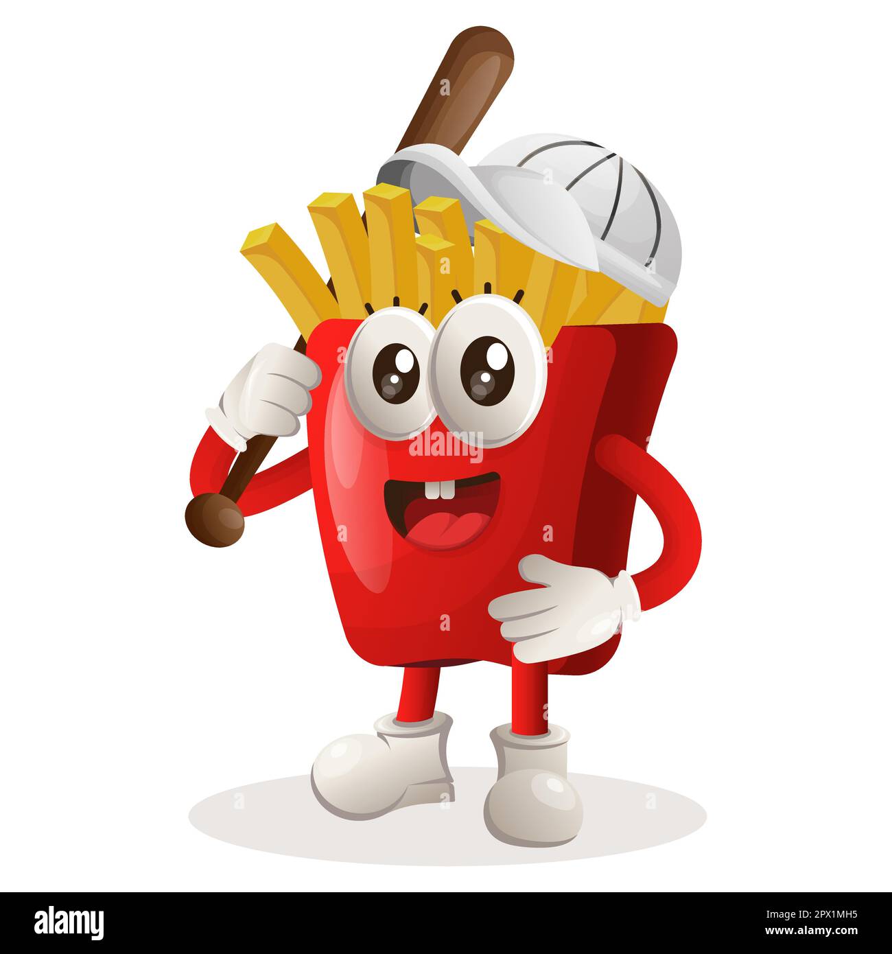 Süße pommes-Maskottchen, die Baseball spielen. Perfekt für Lebensmittelgeschäfte, kleine Unternehmen oder E-Commerce, Merchandise und Aufkleber, Werbebanner, Food Revie Stock Vektor