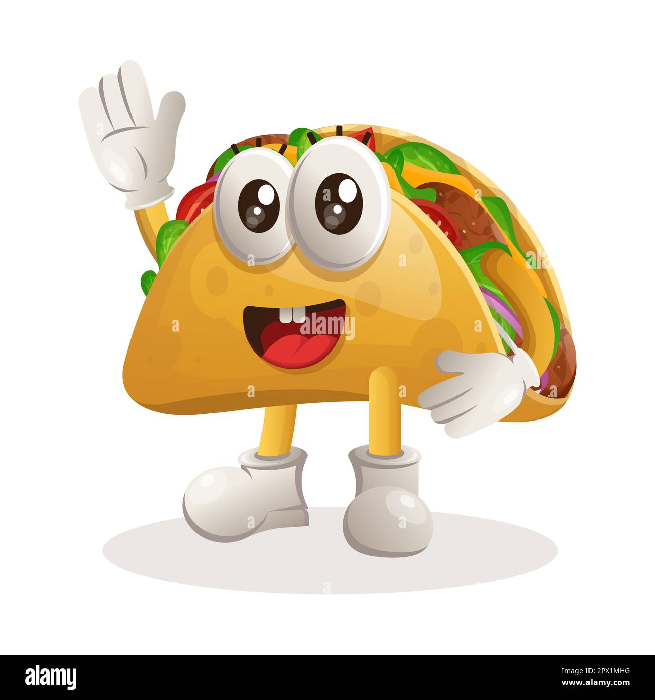 Süßes Taco-Maskottchen, das mit der Hand winkt. Perfekt für Lebensmittelgeschäfte, kleine Unternehmen oder E-Commerce, Merchandise und Aufkleber, Bannerwerbung, Blog zur Lebensmittelbewertung oder vlo Stock Vektor