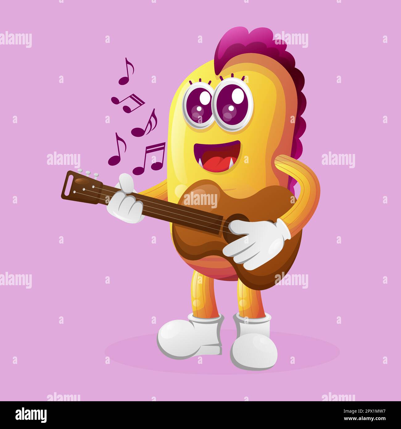 Süßes gelbes Monster, das Gitarre spielt. Perfekt für Kinder, kleine Unternehmen oder E-Commerce, Merchandise und Aufkleber, Werbebanner, Blog oder Vlog-Kanal Stock Vektor