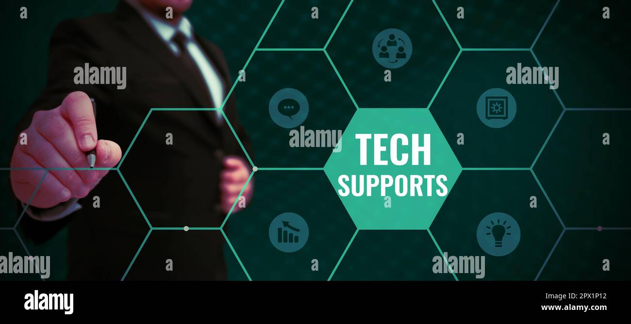 Schreiben mit Text Tech Supports, Conceptual Photo Help von Technician Online oder Call Center Customer Service Stockfoto