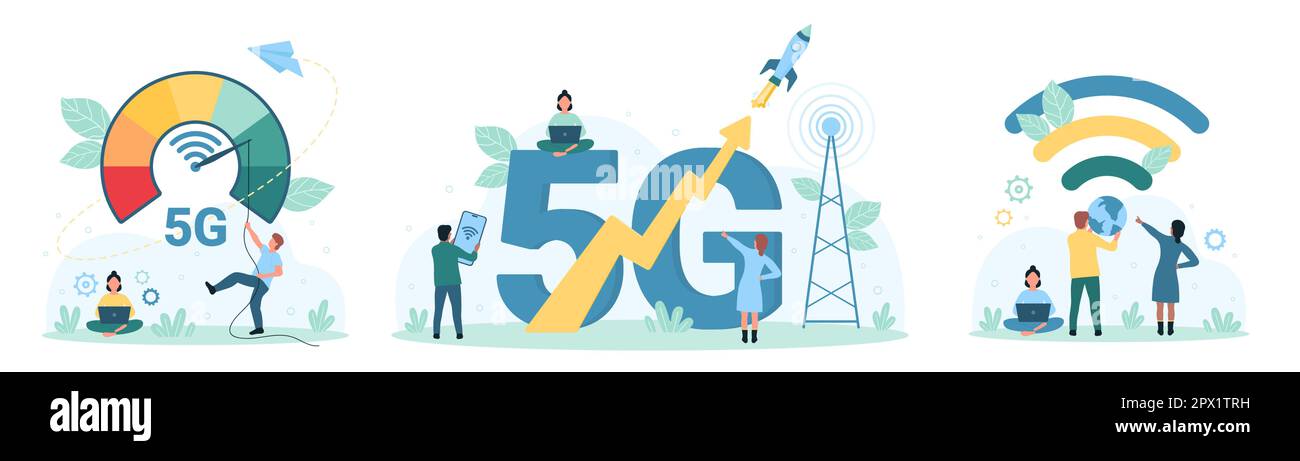 Vektordarstellung für 5G-Telekommunikationstechnologie. Cartoon winzige Menschen, die Tachometer für Signalgeschwindigkeitstests von Kommunikationsturm, globalem Telekommunikationssystem und mobilem Breitband-Internet verwenden Stock Vektor
