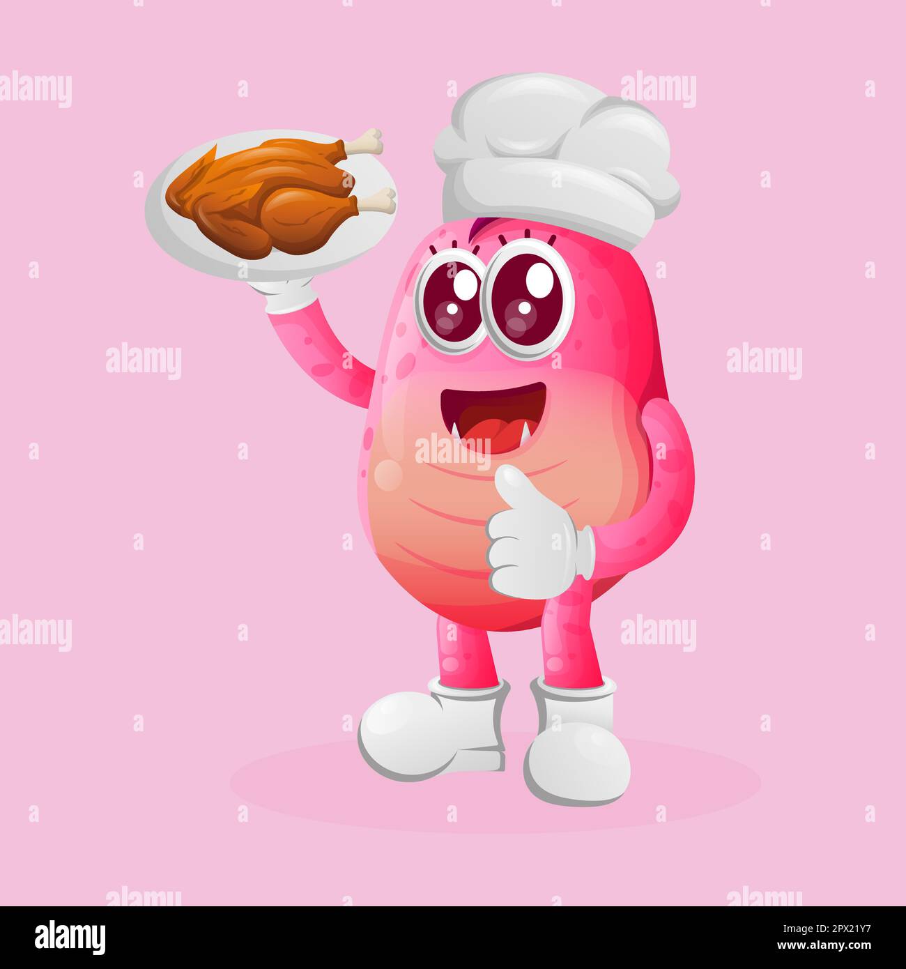Süßes rosa Monster, der Koch serviert Essen. Perfekt für Kinder, kleine Unternehmen oder E-Commerce, Merchandise und Aufkleber, Werbebanner, Blog oder Vlog-Kanal Stock Vektor
