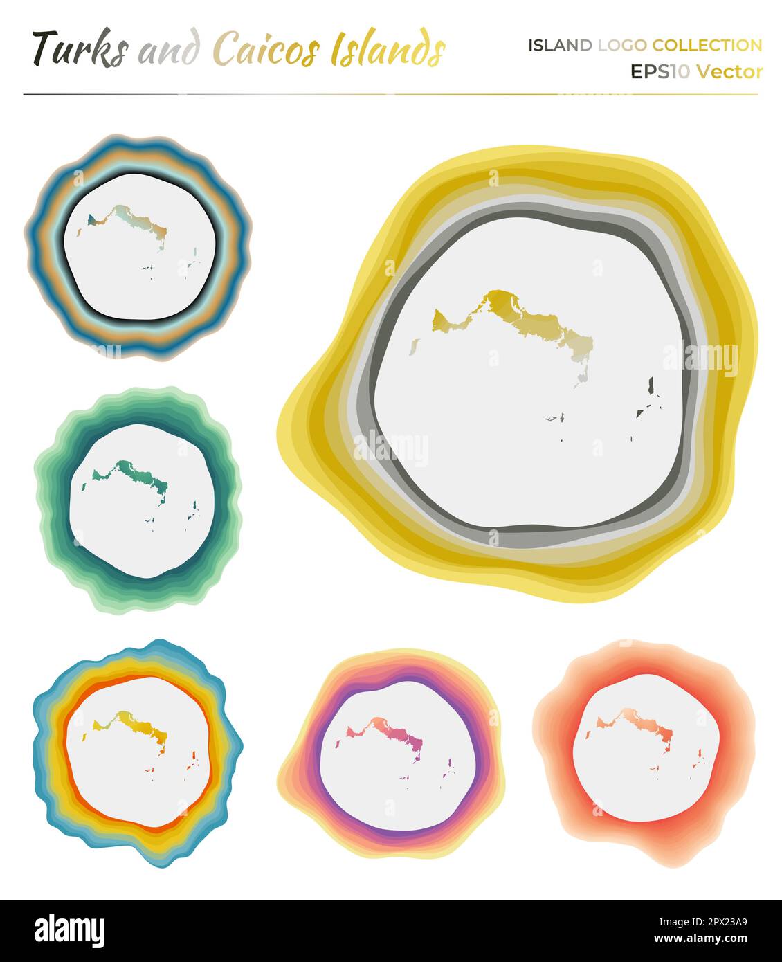 Turks- und Caicos-Inseln-Logo-Kollektion. Farbenfrohes Abzeichen der Insel. Schichten um die Grenzform der Turks- und Caicosinseln. Vektordarstellung. Stock Vektor
