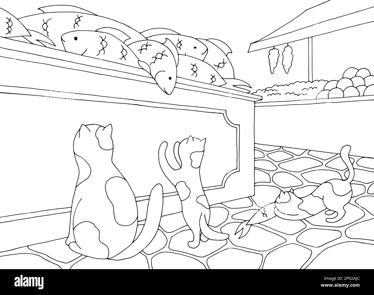 Katzen betrachten Fische auf dem Markt Grafik schwarz-weiß Skizzenvektor Stock Vektor
