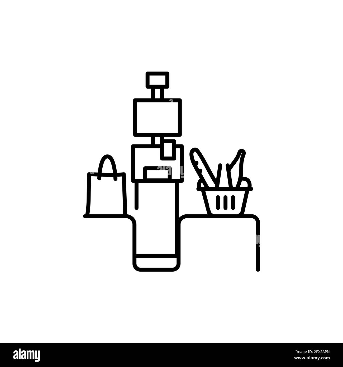 Schwarzes Liniensymbol für Self-Service-Kassierer oder Terminal. Piktogramm für Webseite, mobile App, Werbeaktion. Stock Vektor
