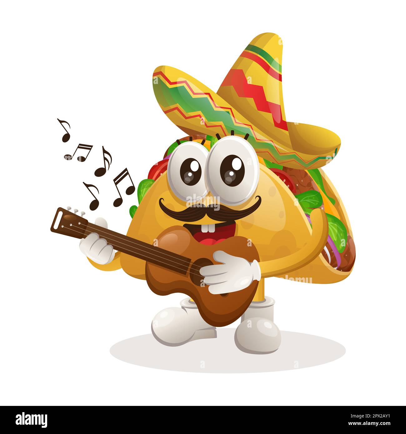 Süßer Taco mit mexikanischem Hut und Gitarre. Perfekt für Lebensmittelgeschäfte, kleine Unternehmen oder E-Commerce, Merchandise und Aufkleber, Werbebanner, FO Stock Vektor
