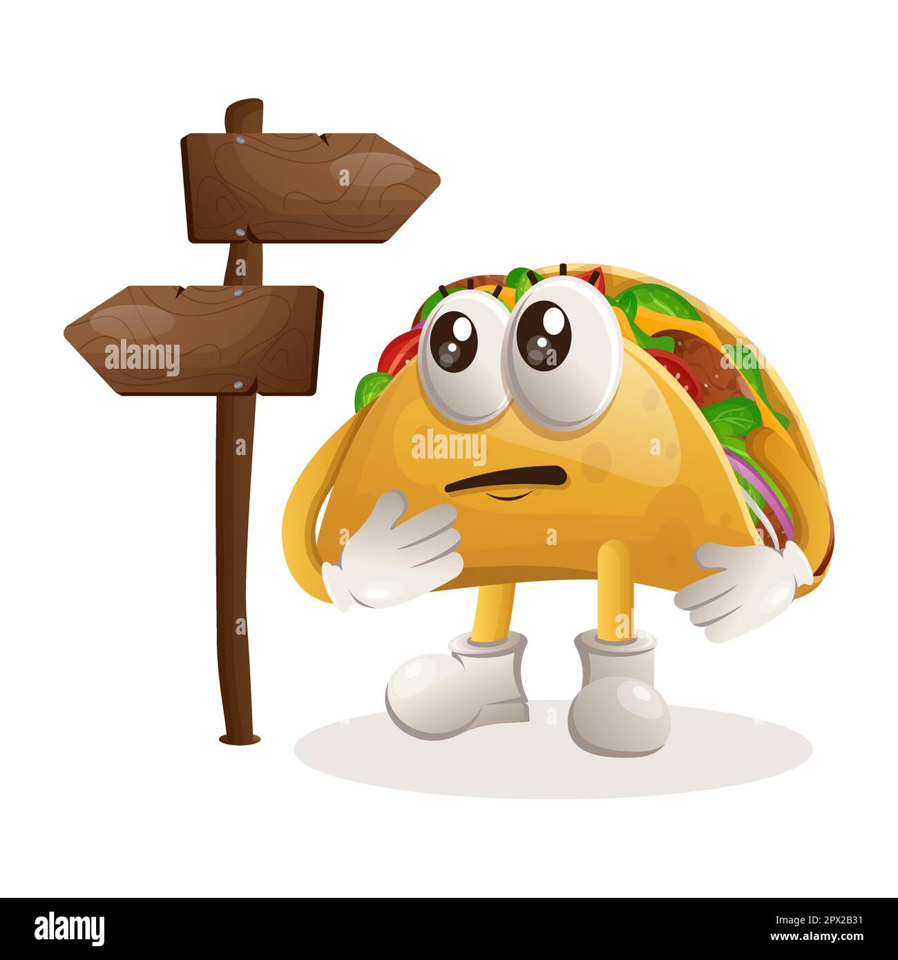 Süßer Taco, der eine Entscheidung trifft. Perfekt für Lebensmittelgeschäfte, kleine Unternehmen oder E-Commerce, Merchandise und Aufkleber, Bannerwerbung, Blog zur Lebensmittelbewertung oder Vlog c Stock Vektor