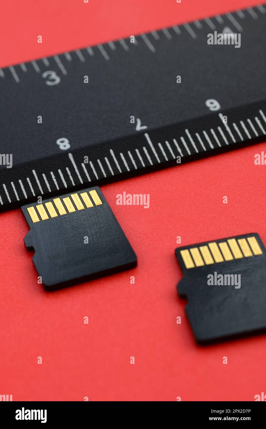 Zwei kleine microSD-Speicherkarten liegen auf rotem Hintergrund neben einem schwarzen Lineal. Ein kleiner und kompakter Daten- und Informationsspeicher Stockfoto