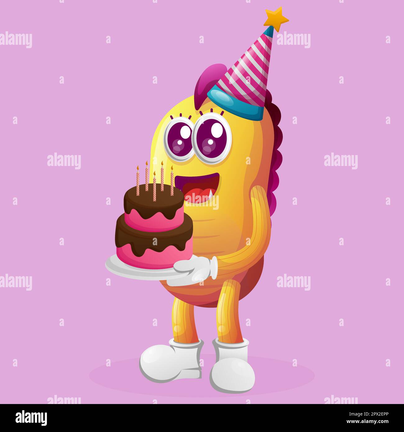Süßes, gelbes Monster mit Geburtstagskuchen. Perfekt für Kinder, kleine Unternehmen oder E-Commerce, Merchandise und Aufkleber, Banner Pro Stock Vektor