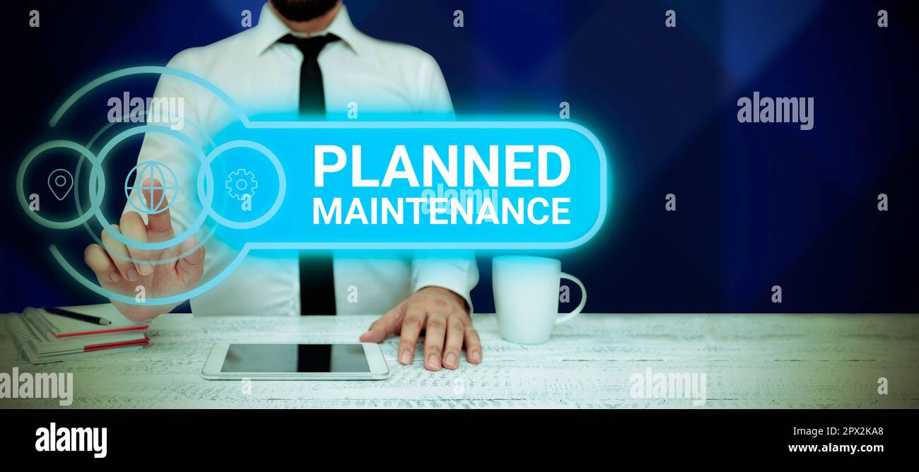 Text mit Inspiration geplante Wartung, regelmäßige Überprüfung der Geschäftsidee Stockfoto