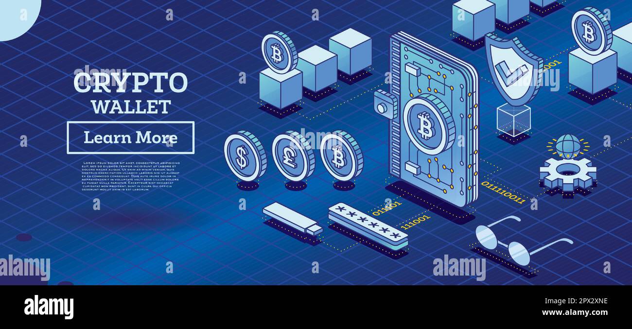 Isometrisches Crypto Wallet mit Blockchain verbunden. Kryptowährungsindustrie. Grundkonzept der Blockchain-Technologie mit Cubes. Vektordarstellung. Stock Vektor
