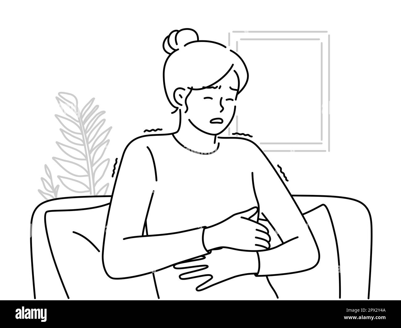 Ungesunde Frau, die auf der Couch sitzt, leiden an Bauchschmerzen. Unwohlsein bei Frauen mit Bauchschmerzen oder Krämpfen. Gesundheitswesen. Vektordarstellung. Stockfoto