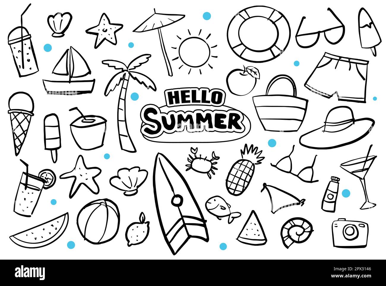 Hallo Sommer Doodle auf weißem Hintergrund. Sommer handgezeichnete Symbole und Objekte. Stock Vektor