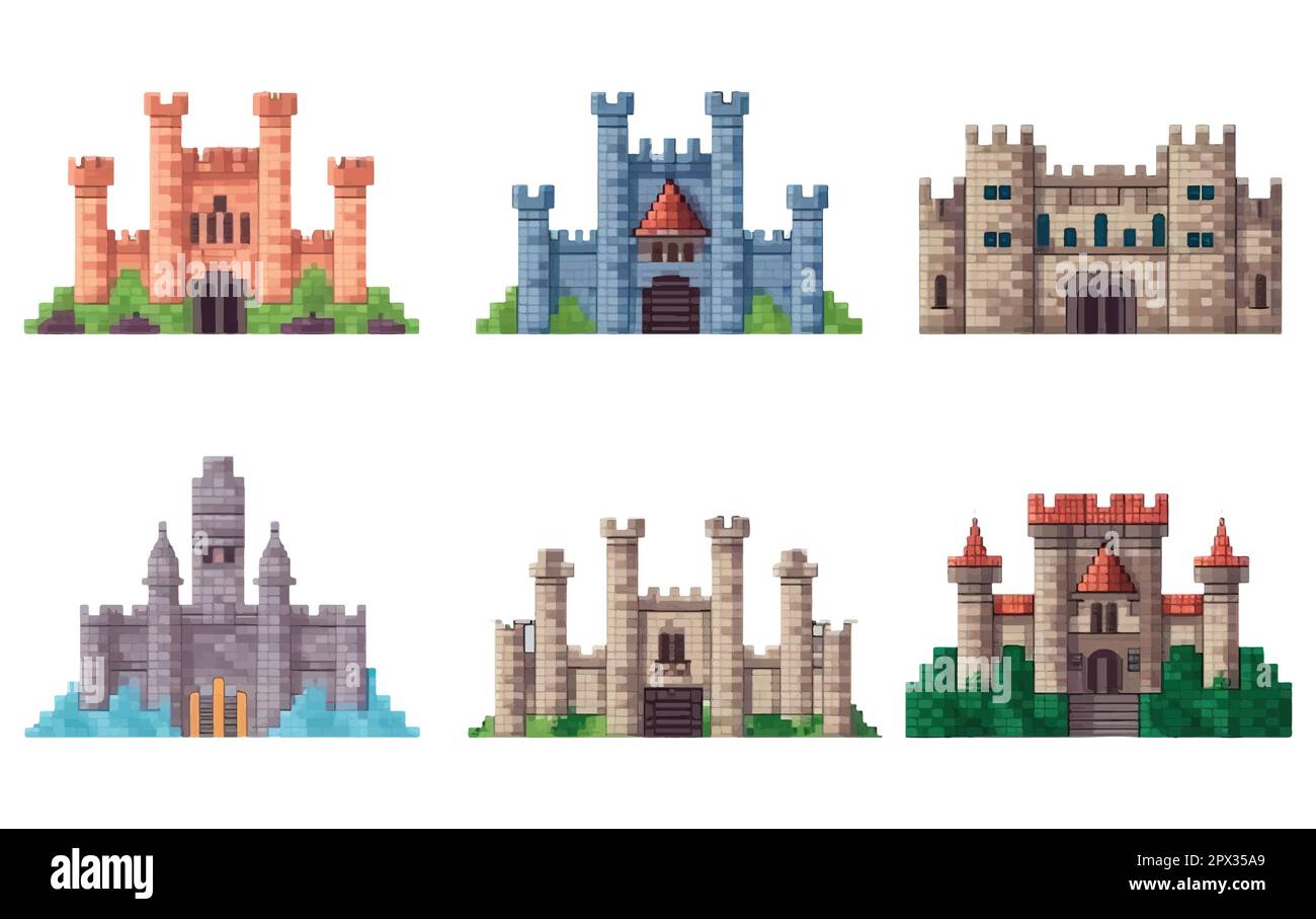 vektor-Set-Pixel-Illustration in einem geschützten Konzept im Cartoon-Stil Ritterschloss Stock Vektor