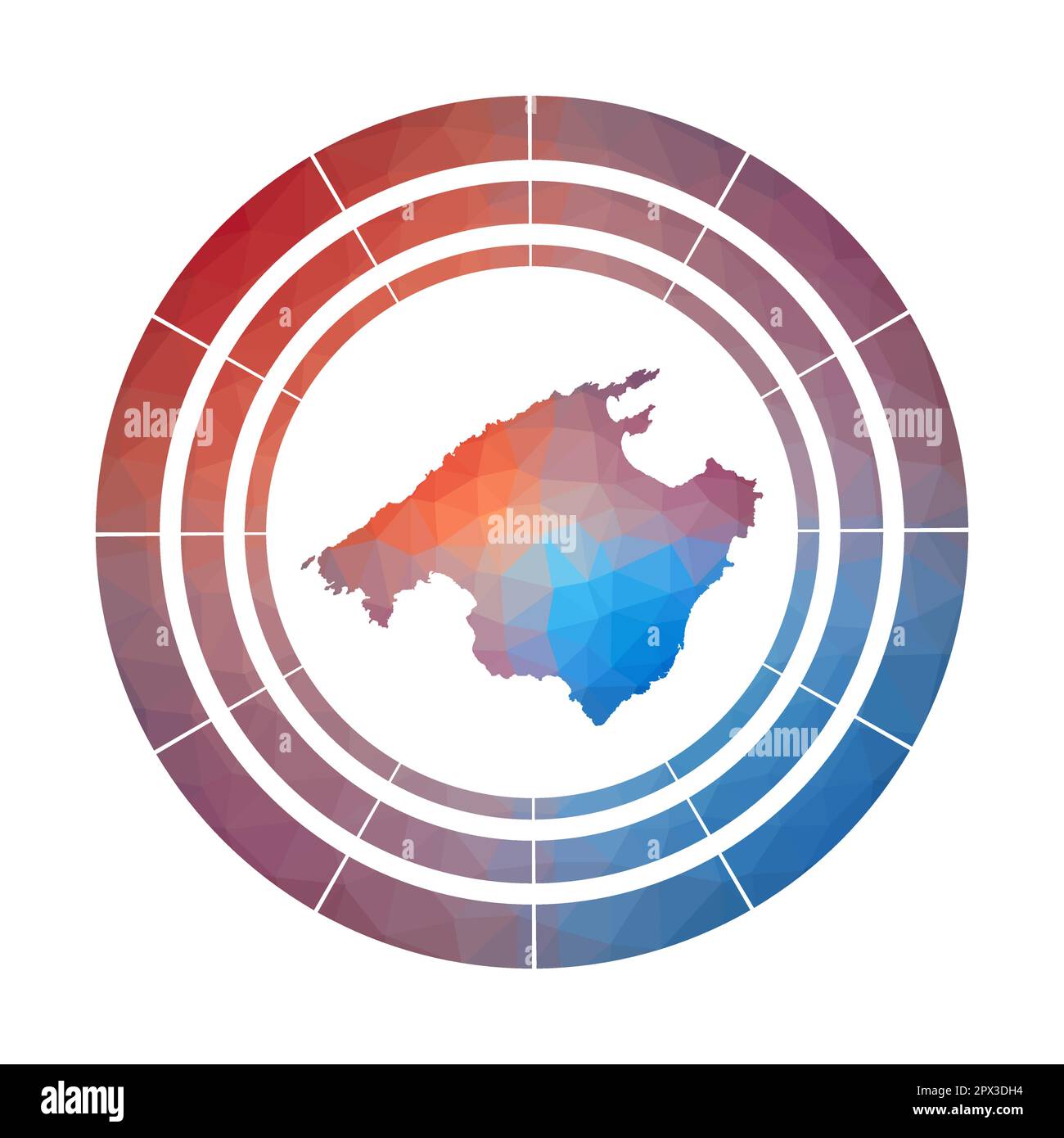 Mallorca-Abzeichen. Helles, verlaufendes Logo der Insel in niedriger Poly-Form. Mehrfarbiges abgerundetes Schild auf Mallorca mit Karte im geometrischen Stil für Ihre Infografiken. Stock Vektor